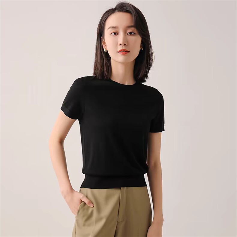 针织短袖t恤女2025新款夏季薄款宽松显瘦打底上衣小衫,女装T恤,更慕羊绒