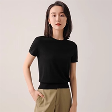 针织短袖t恤女2025新款夏季薄款宽松显瘦打底上衣小衫，女装T恤，更慕羊绒