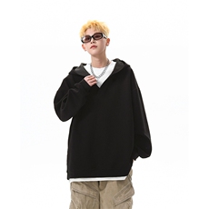 8XL-M叠穿假两件卫衣重磅连帽V领拼接套头衫宽松大码外套WY006P65，女装短外套，电商B312
