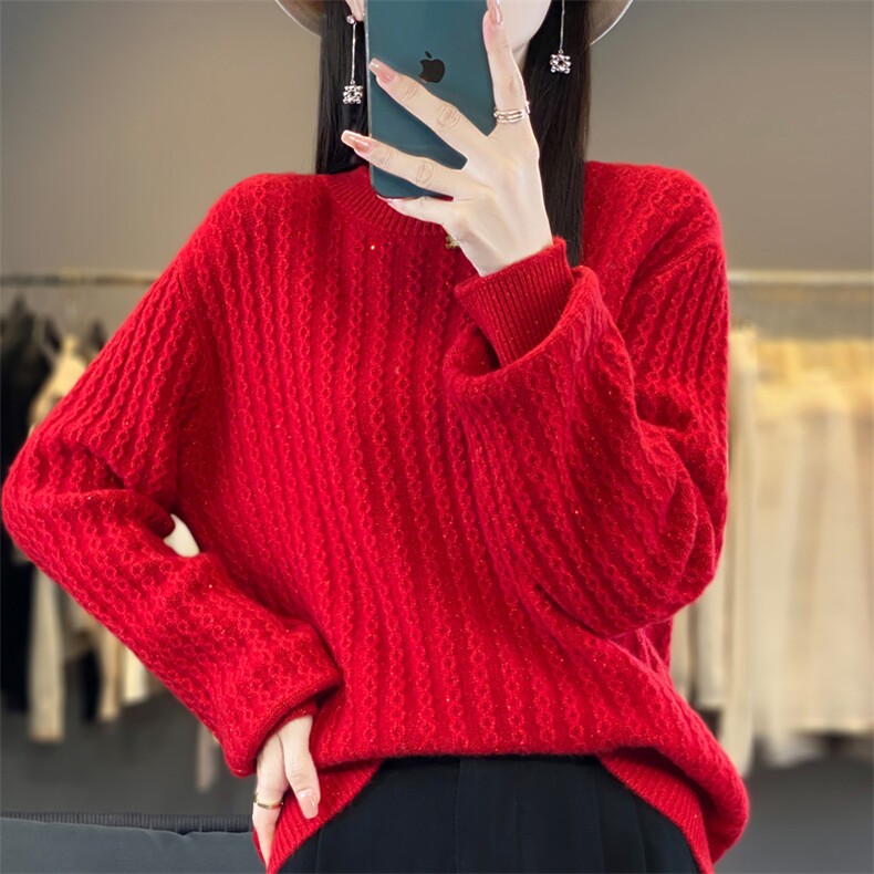针织衫女圆领羊毛秋冬宽松短款毛衣长袖内搭打底衫，女装羊毛衫，忠诺羊绒