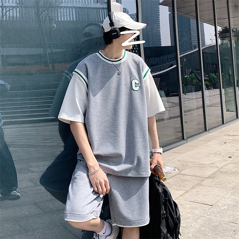 2025夏季华夫格套装男青少年T恤短裤两件套港风TZ227-P55,男装牛仔裤,电商A062