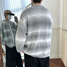 渐变色圆领开衫毛衣男秋冬季美式复古慵懒风情侣宽松条纹针织外套，男装针织衫/毛衣，星座410-6（原星座1304-1）