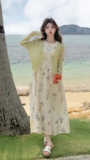 针织开衫碎花无袖背心连衣裙女夏2025新款甜美风海边度假长裙，女装连衣裙，2C093