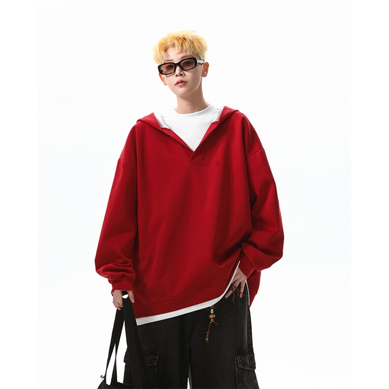 8XL-M叠穿假两件卫衣重磅连帽V领拼接套头衫宽松大码外套WY006P65,男装卫衣,电商B312