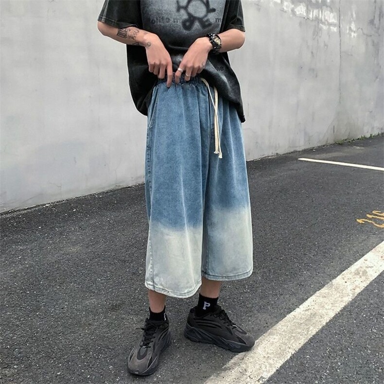 渐变牛仔短裤潮牌男夏季薄款宽松直筒七分短裤港风百搭八分阔腿裤,男装牛仔裤,星座813-3