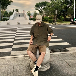 CS3415 p55 限78 潮牌夏季日系复古街头风短袖方领衬衫图片