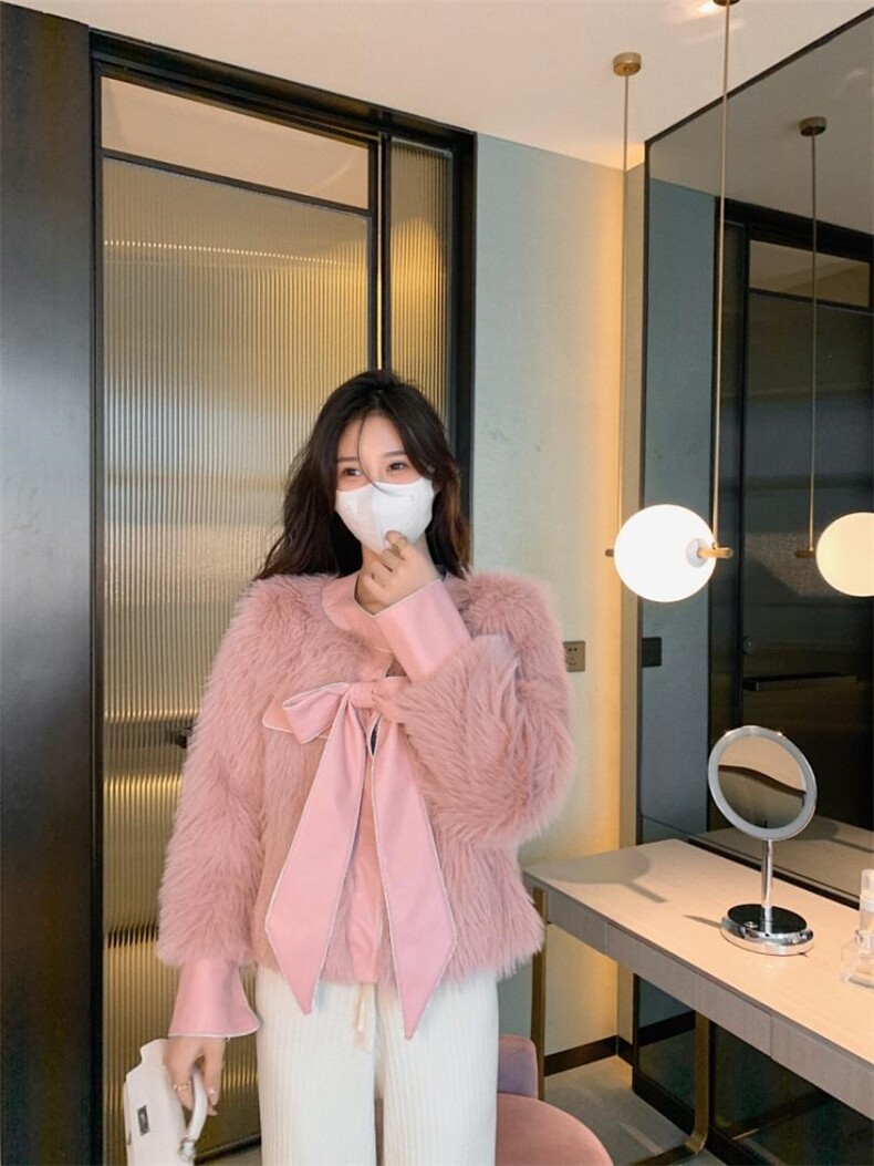 蝴蝶结拼皮毛毛外套，其它，M.W 嫚维