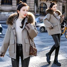 棉衣/棉服2021新款冬兔毛中长款拼接翻袖工装带帽派克服女外套，女装派克服，瑶迪依秀