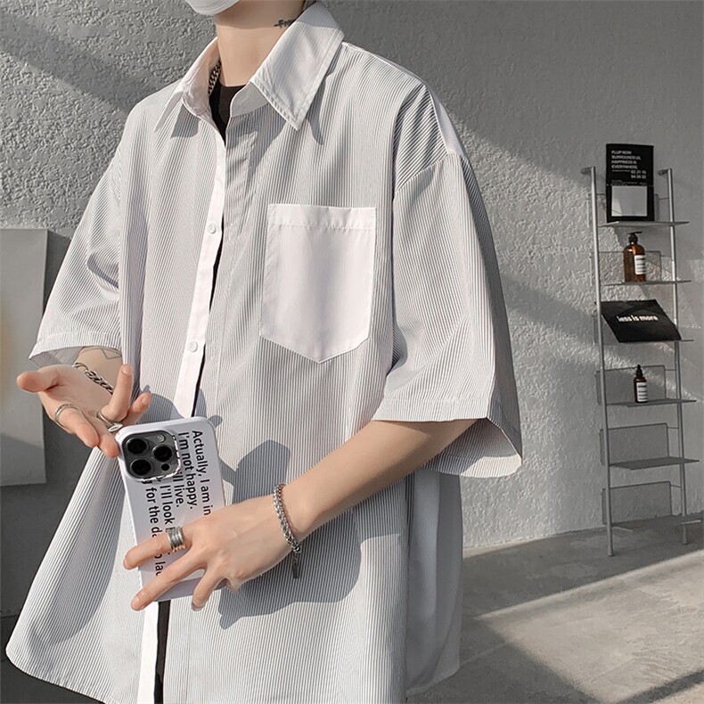 仓库现货CS1120-特批25条纹撞色拼接百搭痞帅大码短袖衬衫,男装衬衫,电商A059