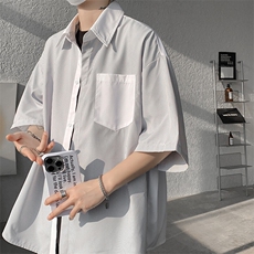仓库现货CS1120-特批25条纹撞色拼接百搭痞帅大码短袖衬衫，男装衬衫，电商A059