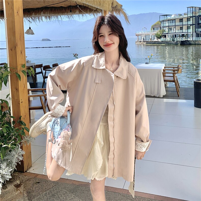 新品现货26春装粉色蕾丝拼接袖口韩版休闲中长风衣外套女，女装风衣，苗苗