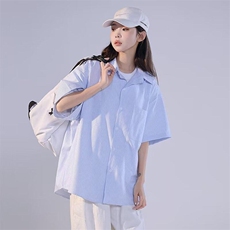 条纹短袖衬衫男女2026年新款夏季日系潮牌宽松休闲工装衬衣外套，男装衬衫，星座601-1