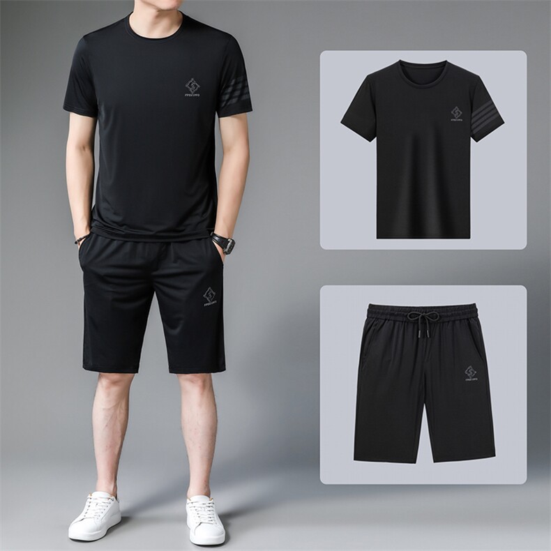 冰丝短袖男士夏季薄款套装2022男装免烫宽松休闲商务三件套衣服,男装休闲套装,电商B212（原钱塘6029）