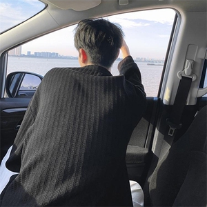 美式高街千鸟格子长袖T恤男女亨利V领英伦雅痞休闲宽松长袖打底衫图片