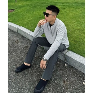 春秋季日系简约风半拉链圆领长袖T恤男运动宽松休闲华夫格打底衫图片