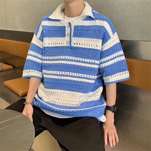 C347-P35 夏季镂空条纹上衣2024新款彩色翻领针织衫polo衫男现货图片
