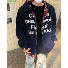 美式街头假两件拼接格子连帽卫衣男女休闲百搭外套印花Y7488-p58，女装短外套，星座1008
