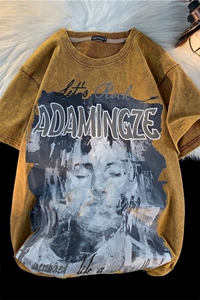 XZ213-T06-P45控68 港风大码水洗做旧字母人脸印花圆领短袖T恤图片
