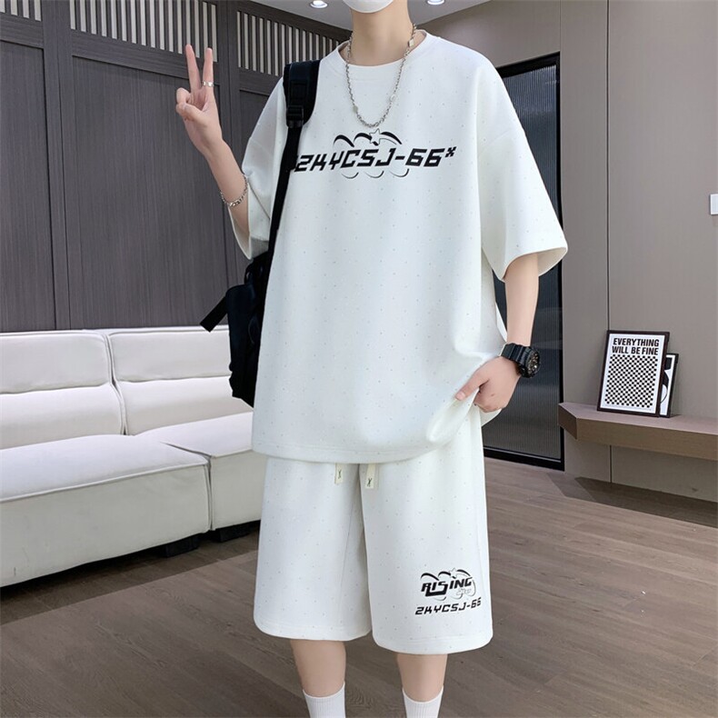 港风套装男宽松菠萝格满天星短袖T恤短裤痞帅套装TZ6628-P50图片