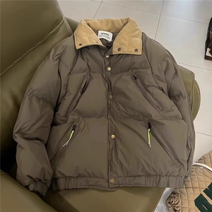 美式复古翻领多口袋面包棉服男女冬季简约设计感加厚情侣棉衣外套图片