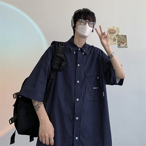 格子短袖衬衫男夏季日系宽松潮牌衬衣ins休闲潮流上衣 W3177-P35图片