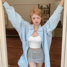 韩系设计感小众蓝色格子衬衫女防晒外套薄款宽松春夏潮牌长袖衬衣，男装防晒衣，星座1210-1