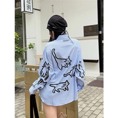 网图蓝色格子长袖衬衫女秋季新款小众宽松猫咪印花上衣B04-特P45，男装衬衫，星座910-1