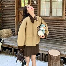2025秋冬款高级感复古拉链拼接翻领夹棉外套卡其色减龄派克服女，女装派克服，2C159