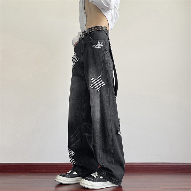 得物品质秋冬款男女牛仔裤五角星拼接飘带宽松长裤NK363P68,男装牛仔裤,星座1013-1