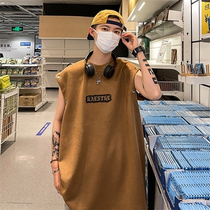 港风夏装新款麂皮绒印花可拆卸圆领宽松短袖T恤男背心潮 D286 P38图片