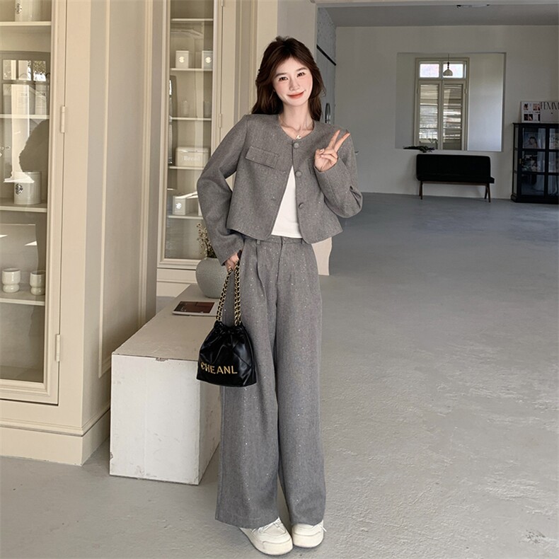 灰色时尚套装女春季2025新款高级感小香风短外套阔腿裤气质两件套,女装套装/套裙,浙宝069