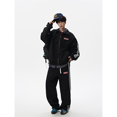 8XL-M条纹撞色开衫新年红卫衣运动套装潮牌运动服校园风TZ114P118，男装休闲套装，电商D206-1