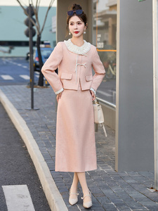 春季2024年新款蕾丝拼接中式名族风盘扣小香风套装裙女两件套长裙图片