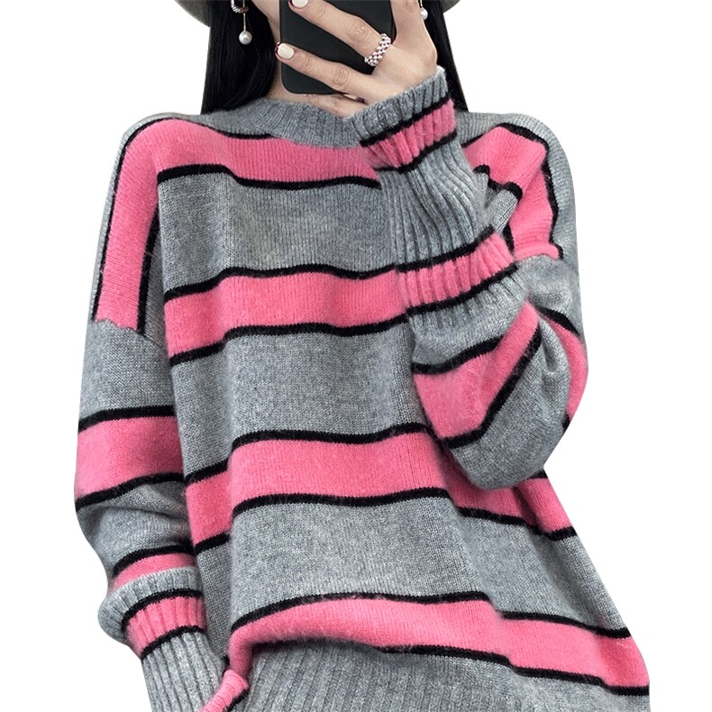 时尚条纹羊绒衫女宽松显瘦百搭气质毛衣,女装羊绒衫,琳华羊绒