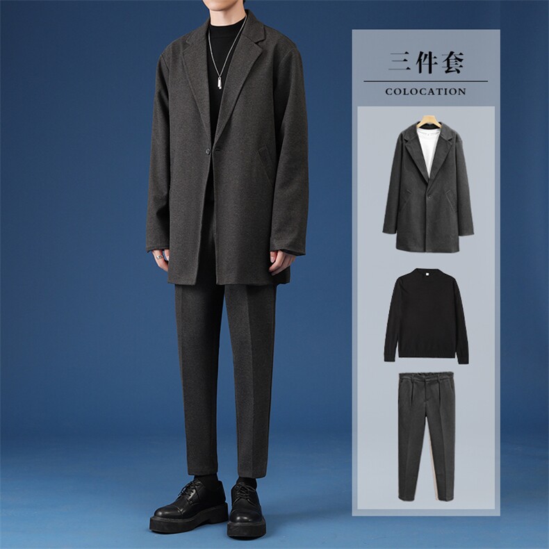 秋冬新款毛呢男士轻熟风学院风三件套潮牌港风韩版潮流毛呢套装，男装西服套装，星座505-2（原电商A260-1)