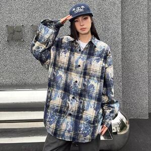 春秋季新品男女情侣重磅扎染工艺格子衬衫长袖宽松休闲复古百搭图片