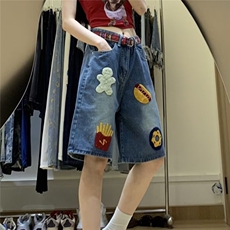 美式复古汉堡薯条毛巾绣牛仔短裤男女夏季潮牌宽松高街阔腿五分裤，男装牛仔裤，星座1210-1