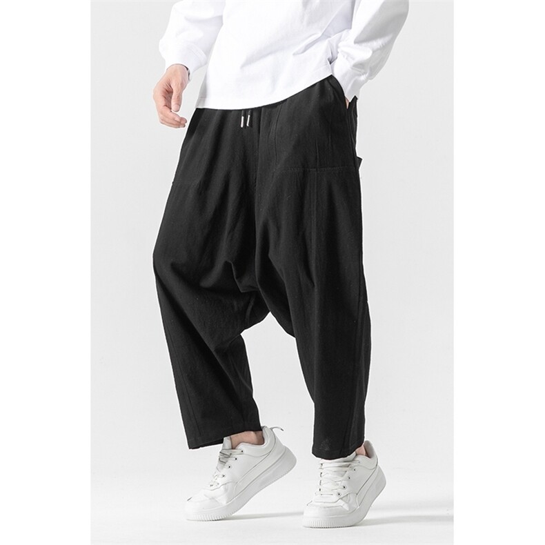 秋装大码风休闲直筒裤棉麻低裆哈伦阔腿裤日系潮K265/P60,男装休闲裤,钱塘713