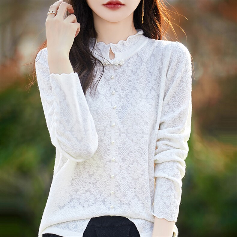半高领精纺羊毛衫女花边领蕾丝镂空提花长袖珍珠毛衣宽松薄款打底，女装羊毛衫，朝贺羊绒