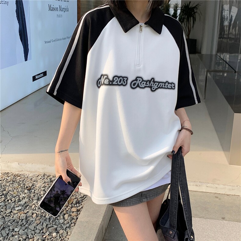 情侣装夏季新款潮字母印花拼接撞色POLO衫学院宽松T恤D273P48,男装T恤,电商A335-1（原A458）