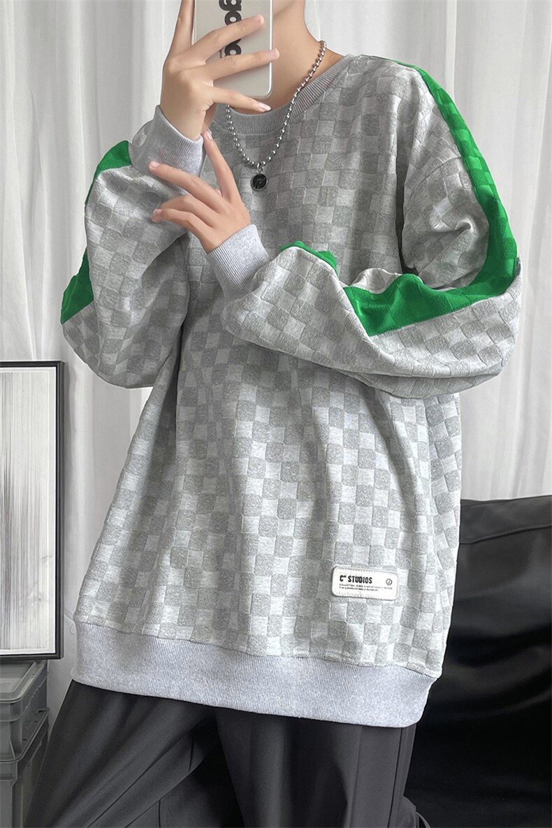 秋季新款棋盘格绣花卫衣休闲套头上衣潮PL3324-P37控58,男装卫衣,星座717