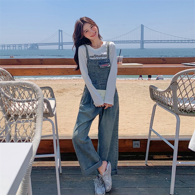 小清新复古牛仔背带裤女2024春秋新款港风休闲高腰显瘦吊带直筒裤,女装套装/套裙,慧尚依恋