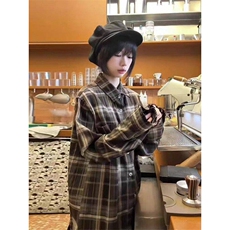 美式复古港风宽松格子长袖衬衫高级感痞帅衬衣外套男LJ8211-P35，男装衬衫，星座1008