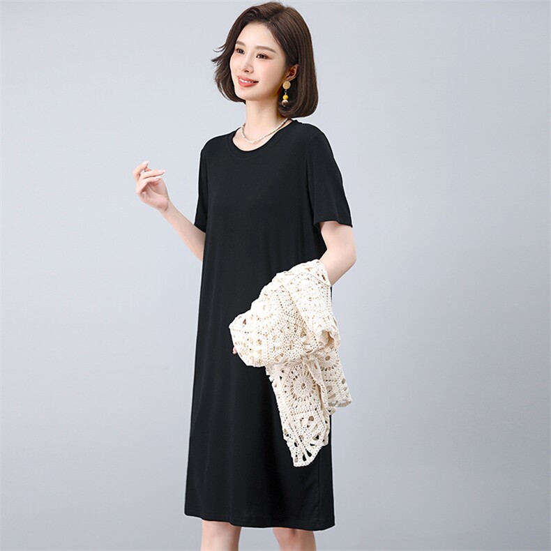 经典简约夏季三醋酸连衣裙女气质透气显瘦短袖中长款宽松裙,女装套装/套裙,江忆布依