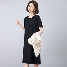 经典简约夏季三醋酸连衣裙女气质透气显瘦短袖中长款宽松裙，女装套装/套裙，江忆布依