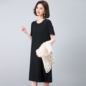 经典简约夏季三醋酸连衣裙女气质透气显瘦短袖中长款宽松裙图片