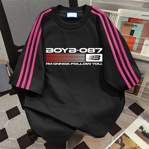 抖音得物高品质二开240克宽松纯棉美式潮牌三条杠织带短袖T恤图片