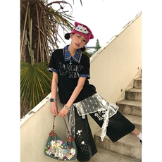 日系设计拼接格子polo领口假两件男女美式印花潮牌T恤，男装T恤，星座1210-1