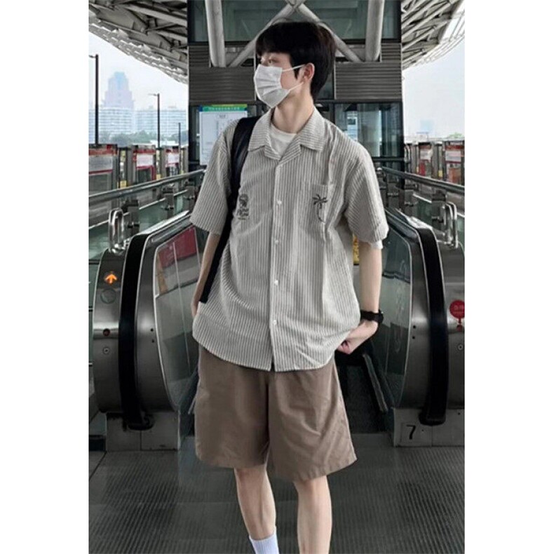 条纹半袖衬衫男士夏季新款日系复古短袖衬衣宽松休闲外套CB336,男装T恤,星座1116A（原606A-3）
