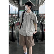 条纹半袖衬衫男士夏季新款日系复古短袖衬衣宽松休闲外套CB336，男装T恤，星座1116A（原606A-3）